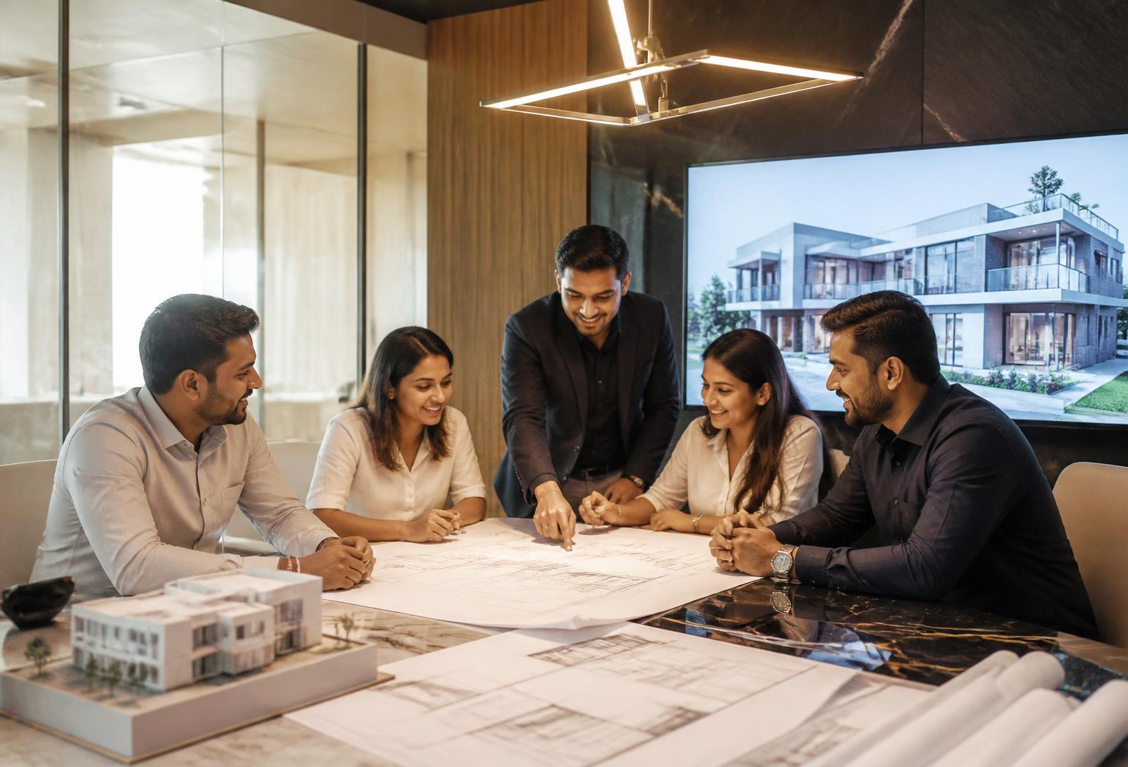 Whitelion Constructions team reviewing blueprints