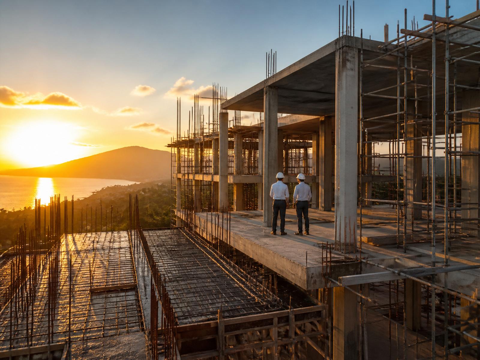 Engineers inspecting a luxury home under construction at sunrise